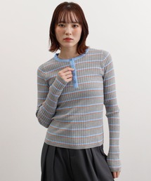 ヘンリーネック配色ボーダーリブニット