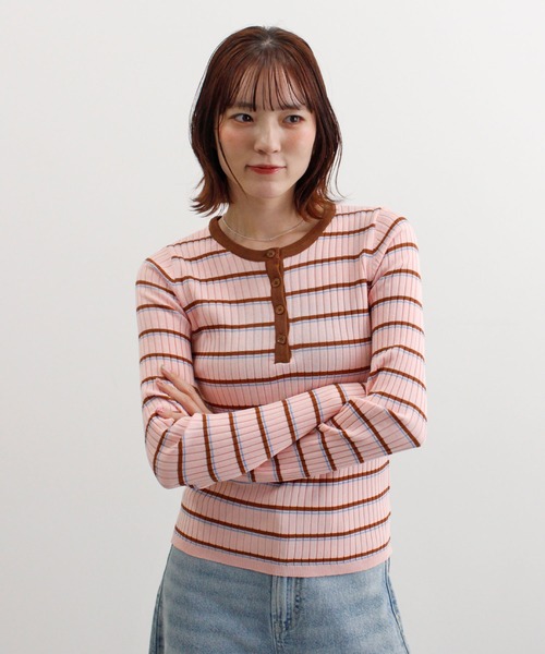 ABYS（アビス）の「ヘンリーネック配色ボーダーリブニット（ニット/セーター・レディース・グレー/ピンク/ブルー・FREE）」の17枚目の写真