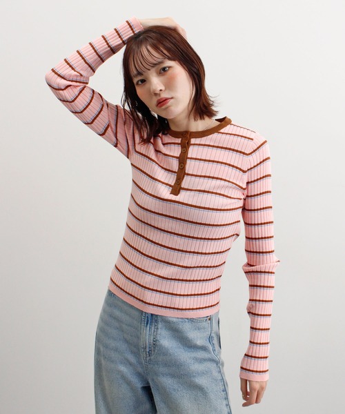 ABYS（アビス）の「ヘンリーネック配色ボーダーリブニット（ニット/セーター・レディース・グレー/ピンク/ブルー・FREE）」の18枚目の写真