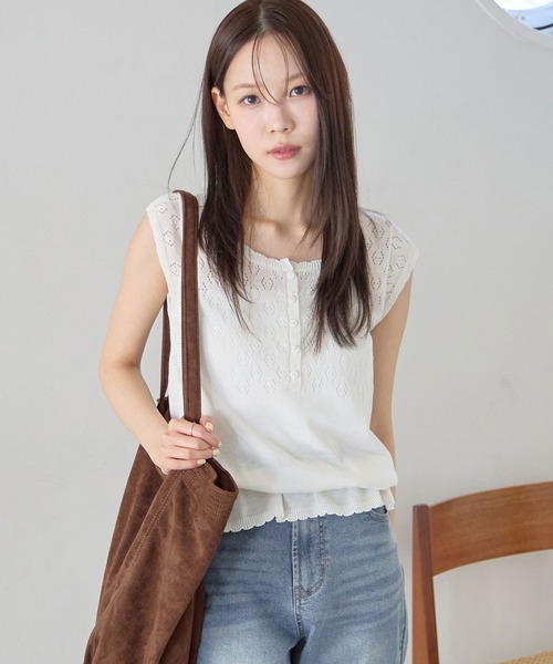 CHAN ME(チャンミ)の「接触冷感透かし編みフレンチスリーブサマーニット(ニット/セーター・レディース・ライトグレー/ホワイト/ネイビー・MEDIUM/X-LARGE/LARGE)」の8枚目の写真