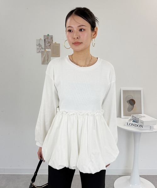 RCD(アールシーディー)の「ペプラム切替バルーントップス(Tシャツ/カットソー・レディース・カーキ/ブラック/オフホワイト・4L~5L/LL~3L/M-L)」の2枚目の写真