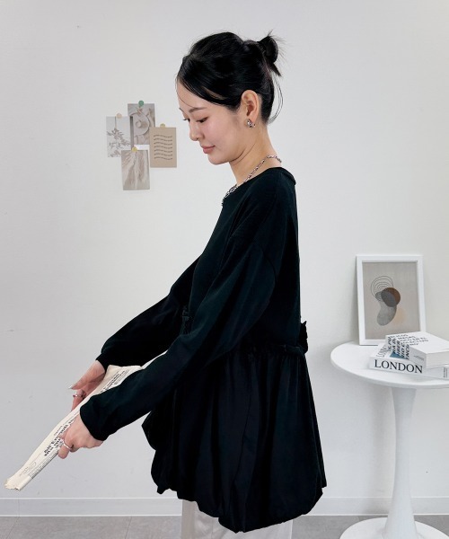 RCD(アールシーディー)の「ペプラム切替バルーントップス(Tシャツ/カットソー・レディース・カーキ/ブラック/オフホワイト・4L~5L/LL~3L/M-L)」の6枚目の写真