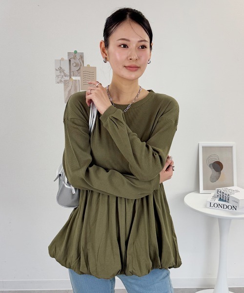 RCD(アールシーディー)の「ペプラム切替バルーントップス(Tシャツ/カットソー・レディース・カーキ/ブラック/オフホワイト・4L~5L/LL~3L/M-L)」の8枚目の写真