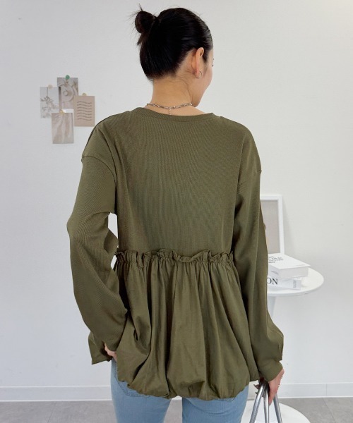RCD(アールシーディー)の「ペプラム切替バルーントップス(Tシャツ/カットソー・レディース・カーキ/ブラック/オフホワイト・4L~5L/LL~3L/M-L)」の10枚目の写真