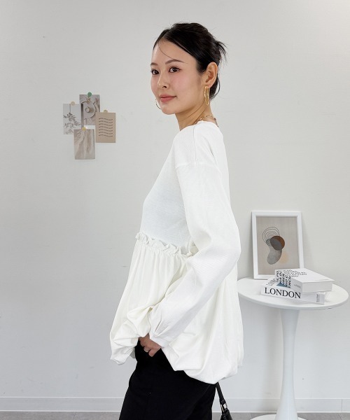 RCD(アールシーディー)の「ペプラム切替バルーントップス(Tシャツ/カットソー・レディース・カーキ/ブラック/オフホワイト・4L~5L/LL~3L/M-L)」の4枚目の写真