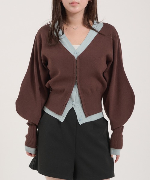 Perushu(ペルーシュ)の「TwoTone Layered Balloon Sleeve Cardigan/ツートーンレイヤードバルーンスリーブカーディガン(カーディガン/ボレロ・レディース・ブラウン/イエロー/ブラック・FREE)」の1枚目の写真