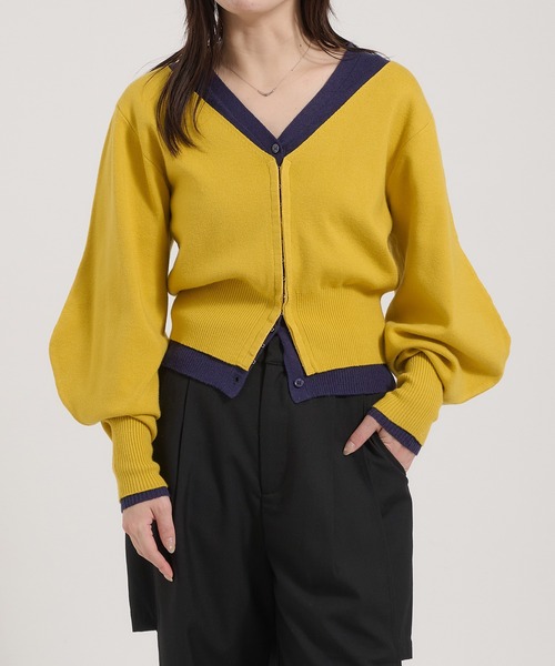 Perushu(ペルーシュ)の「TwoTone Layered Balloon Sleeve Cardigan/ツートーンレイヤードバルーンスリーブカーディガン(カーディガン/ボレロ・レディース・ブラウン/イエロー/ブラック・FREE)」の3枚目の写真