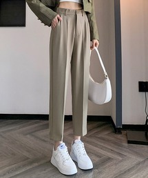 【大きいサイズ有/バックゴム】きれいめ ツイル仕立て ハイウエスト ストレート テーパードパンツ レディース