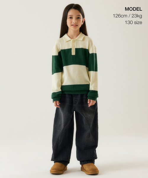 MUSINSA STANDARD KIDS（ムシンサスタンダードキッズ）の「ニッテッドボールドストライプラグビーシャツ[グリーン]（ニット/セーター・レディース・その他・110/120/130/140/150/160）」の2枚目の写真