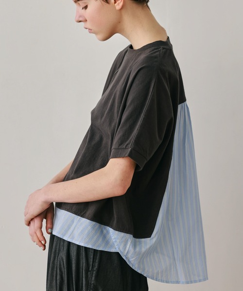 Kelen(ケレン)の「「KELEN / ケレン」80ローンコットンストライプ ドッキングトップス(Tシャツ/カットソー・レディース・ライトグレー/チャコールグレー/ブラック/オフホワイト・FREE)」の3枚目の写真