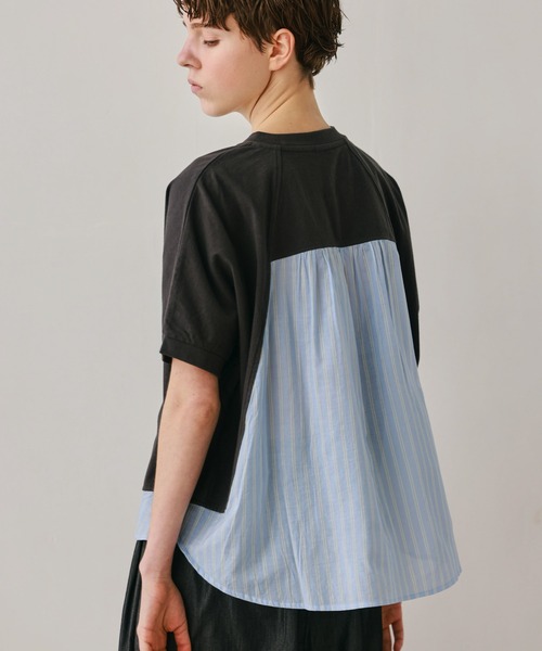 Kelen(ケレン)の「「KELEN / ケレン」80ローンコットンストライプ ドッキングトップス(Tシャツ/カットソー・レディース・ライトグレー/チャコールグレー/ブラック/オフホワイト・FREE)」の6枚目の写真