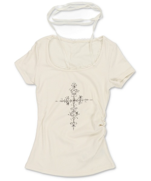 SPINNS(スピンズ)の「【セットアイテム】タイ付きピタカットソー/クロス/ストール付き/平成ギャル(Tシャツ/カットソー・レディース・アイボリー/チャコール/グレー・ONESIZE)」の5枚目の写真