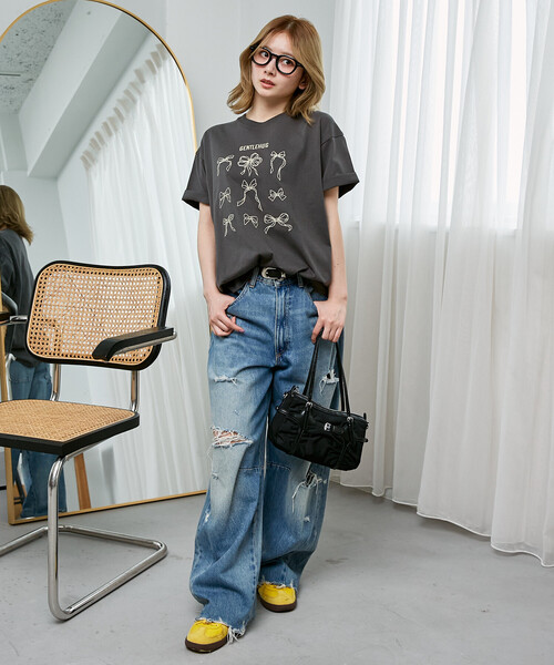 PUBLUX（パブリュクス）の「PUBLUX/パブリュクス リボン 刺繍 Tシャツ　限定展開（Tシャツ/カットソー・レディース・ブラウン/ライトグレー/ネイビー/チャコールグレー・ﾌﾘ-）」の8枚目の写真
