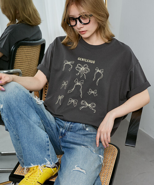 PUBLUX（パブリュクス）の「PUBLUX/パブリュクス リボン 刺繍 Tシャツ　限定展開（Tシャツ/カットソー・レディース・ブラウン/ライトグレー/ネイビー/チャコールグレー・ﾌﾘ-）」の10枚目の写真