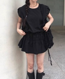 リボンパフスリーブショートワンピース