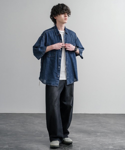 KRIFF MAYER(クリフメイヤー)の「KRIFF MAYER オーバーサイズエアーライト5分袖デニムワークシャツ 2545103(シャツ/ブラウス・メンズ・ダークブルー/チャコール/ライトブルー・L/M/XL)」の4枚目の写真