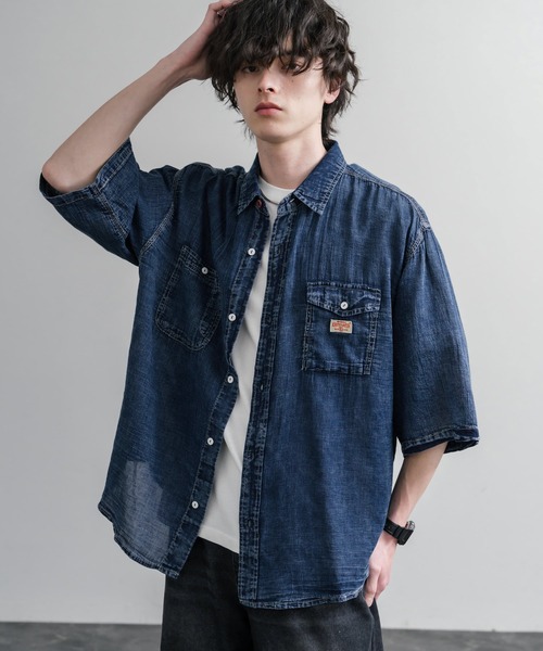 KRIFF MAYER(クリフメイヤー)の「KRIFF MAYER オーバーサイズエアーライト5分袖デニムワークシャツ 2545103(シャツ/ブラウス・メンズ・ダークブルー/チャコール/ライトブルー・L/M/XL)」の5枚目の写真