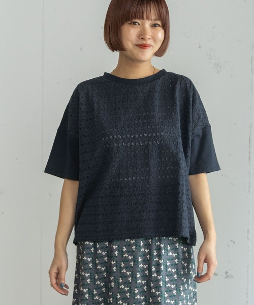POU DOU DOU（プードゥドゥ）の「エンブロイダリーレーストップス（Tシャツ/カットソー・レディース・オフホワイト/ネイビー・3）」の11枚目の写真