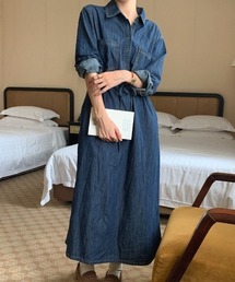 マキシ丈デニムシャツワンピース