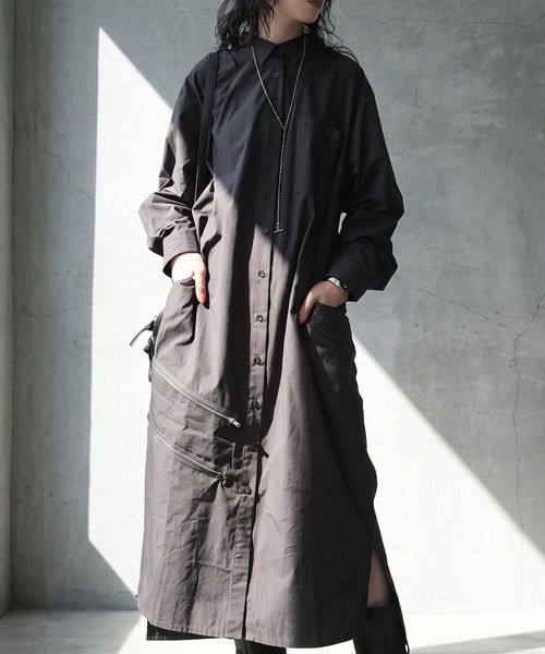 antiqua(アンティカ)の「綿100 ロング シャツワンピース(シャツワンピース・レディース・ホワイト/ブラック・C/R)」の1枚目の写真