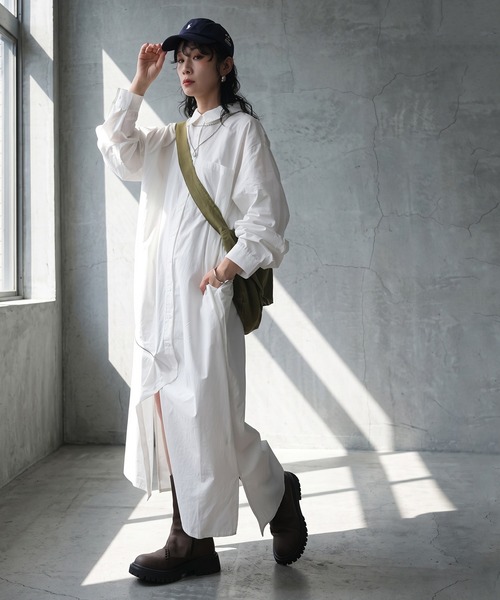 antiqua(アンティカ)の「綿100 ロング シャツワンピース(シャツワンピース・レディース・ホワイト/ブラック・C/R)」の8枚目の写真