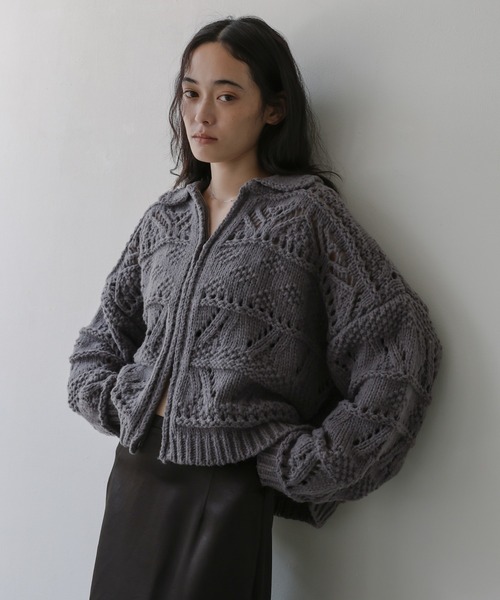 select MOCA(セレクトモカ)の「透かし編みジップニットカーディガン(カーディガン/ボレロ・レディース・ブラック/アイボリー/グレー/ベージュ・FREE)」の3枚目の写真