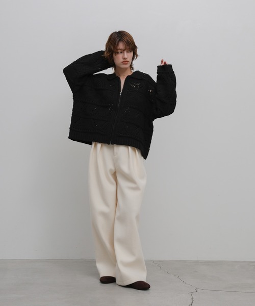select MOCA(セレクトモカ)の「透かし編みジップニットカーディガン(カーディガン/ボレロ・レディース・ブラック/アイボリー/グレー/ベージュ・FREE)」の7枚目の写真