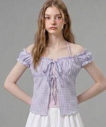 HOOK for girls ギンガムチェックレイヤード風オープンショルダートップス (SS)