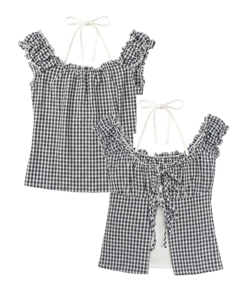 HOOK(フック)の「HOOK for girls ギンガムチェックレイヤード風オープンショルダートップス (SS)(その他トップス・レディース・ブルー/パープル/ブラック・FREE)」の4枚目の写真