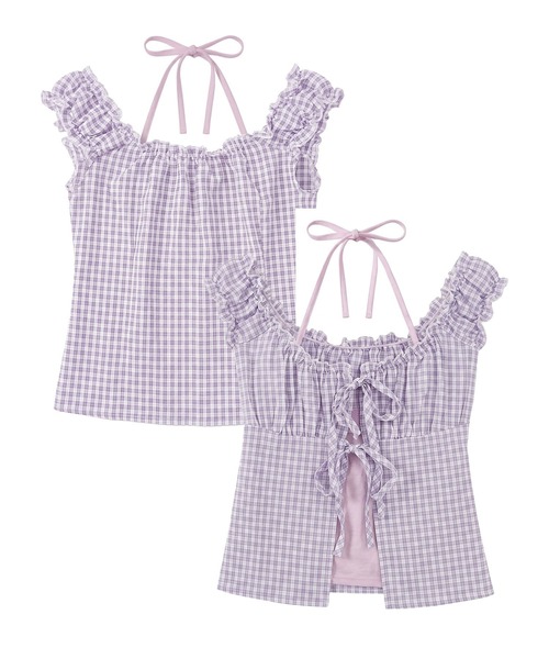 HOOK(フック)の「HOOK for girls ギンガムチェックレイヤード風オープンショルダートップス (SS)(その他トップス・レディース・ブルー/パープル/ブラック・FREE)」の6枚目の写真
