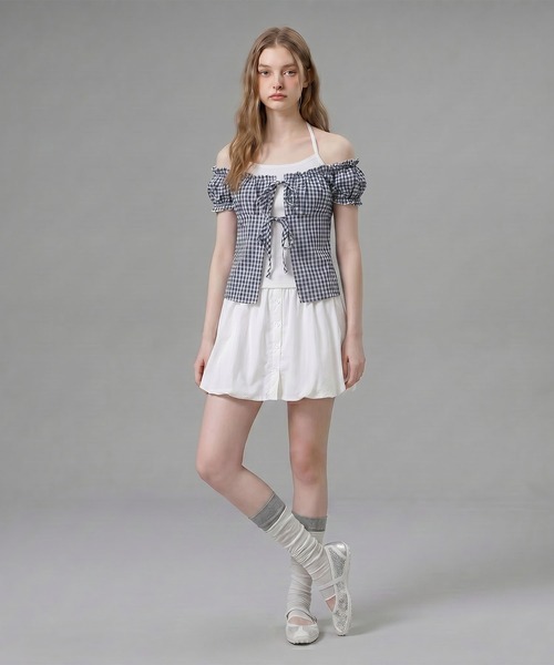 HOOK(フック)の「HOOK for girls ギンガムチェックレイヤード風オープンショルダートップス (SS)(その他トップス・レディース・ブルー/パープル/ブラック・FREE)」の7枚目の写真
