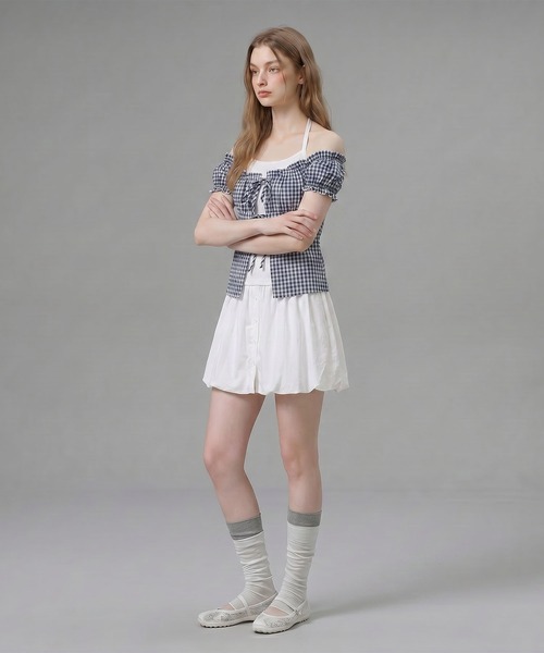 HOOK(フック)の「HOOK for girls ギンガムチェックレイヤード風オープンショルダートップス (SS)(その他トップス・レディース・ブルー/パープル/ブラック・FREE)」の8枚目の写真