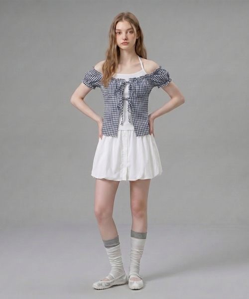 HOOK(フック)の「HOOK for girls ギンガムチェックレイヤード風オープンショルダートップス (SS)(その他トップス・レディース・ブルー/パープル/ブラック・FREE)」の9枚目の写真