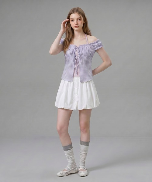 HOOK(フック)の「HOOK for girls ギンガムチェックレイヤード風オープンショルダートップス (SS)(その他トップス・レディース・ブルー/パープル/ブラック・FREE)」の12枚目の写真