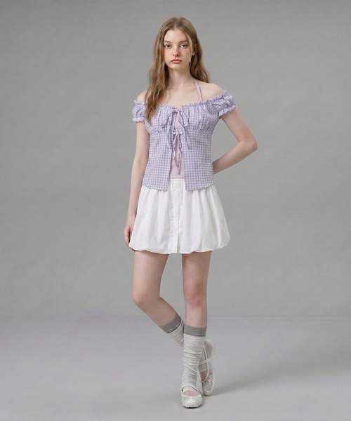 HOOK(フック)の「HOOK for girls ギンガムチェックレイヤード風オープンショルダートップス (SS)(その他トップス・レディース・ブルー/パープル/ブラック・FREE)」の13枚目の写真