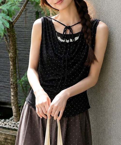 Nia(ニア)の「Nia(ニア)/ドットドレープショルダーリボントップス(Tシャツ/カットソー・レディース・ピンク/イエロー/ブラック/ライトブルー・FREE)」の12枚目の写真