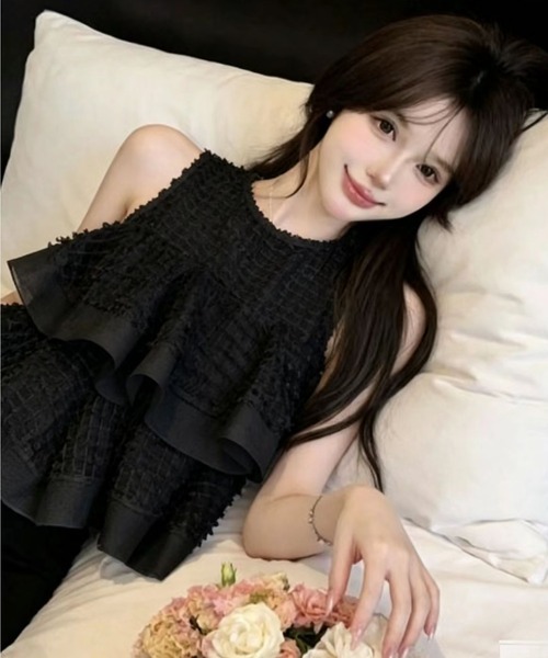 semuse(セミューズ)の「ティアードフリルノースリーブシアートップス(シャツ/ブラウス・レディース・ホワイト/ピンク/ブラック・FREE)」の12枚目の写真