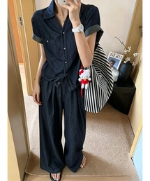 デニムシャツトップスワイドパンツセットアップ