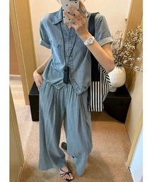 デニムシャツトップスワイドパンツセットアップ