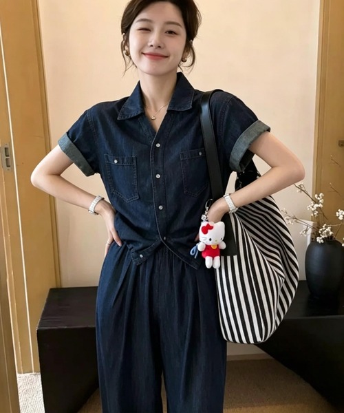 FAVORITO（ファヴォリート）の「デニムシャツトップスワイドパンツセットアップ（セットアップ・レディース・ライトブルー/ダークブルー・S/M/L/XL）」の9枚目の写真