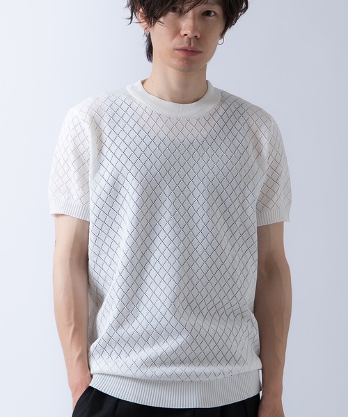 Crownor（クラウノアー）の「アーガイル 半袖 レースニット Tシャツ（ニット/セーター・メンズ・ブラック/ホワイト/カーキ・LARGE/MEDIUM）」の2枚目の写真