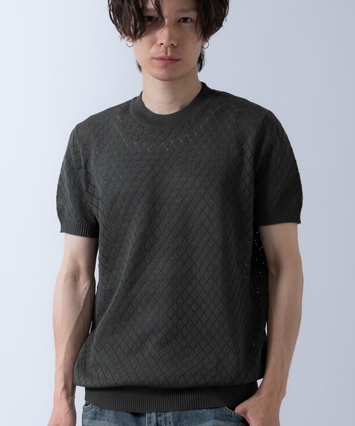 Crownor（クラウノアー）の「アーガイル 半袖 レースニット Tシャツ（ニット/セーター・メンズ・ブラック/ホワイト/カーキ・LARGE/MEDIUM）」の3枚目の写真