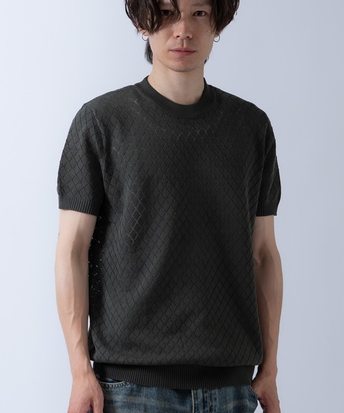 Crownor（クラウノアー）の「アーガイル 半袖 レースニット Tシャツ（ニット/セーター・メンズ・ブラック/ホワイト/カーキ・LARGE/MEDIUM）」の6枚目の写真
