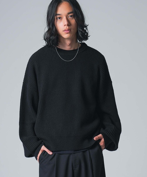 MDR(エムディアール)の「ショート丈畔編みワイドシルエットニット(ニット/セーター・メンズ・ブラック/グレイッシュベージュ・L/M)」の4枚目の写真