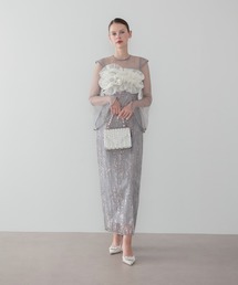 【LEJA】オーガンジーフリルパイピングロングスリーブスパンコールIラインワンピースドレス美脚効果結婚式 パーティードレス 成人式 二次会 同窓会 お呼ばれ オケージョン 20代 30代