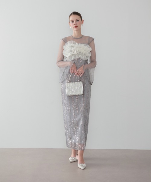 Leja(レジャ)の「【LEJA】オーガンジーフリルパイピングロングスリーブスパンコールIラインワンピースドレス美脚効果結婚式 パーティードレス 成人式 二次会 同窓会 お呼ばれ オケージョン 20代 30代(ドレス・レディース・ブラック/グレー・MEDIUM/SMALL)」の1枚目の写真