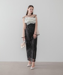 【LEJA】オーガンジーフリルパイピングロングスリーブスパンコールIラインワンピースオケージョンドレス