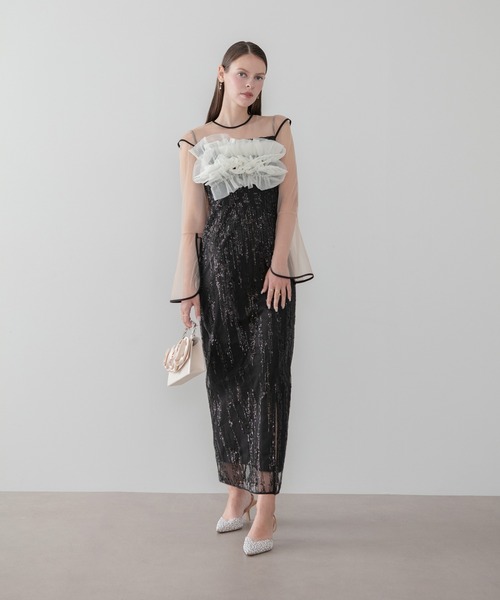 Leja(レジャ)の「【LEJA】オーガンジーフリルパイピングロングスリーブスパンコールIラインワンピースドレス美脚効果結婚式 パーティードレス 成人式 二次会 同窓会 お呼ばれ オケージョン 20代 30代(ドレス・レディース・ブラック/グレー・MEDIUM/SMALL)」の2枚目の写真