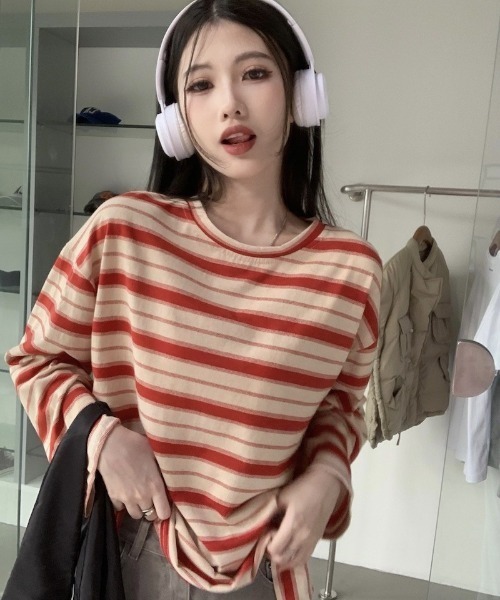 Ritzy（リッツィー）の「ボーダーオーバーサイズロン Tシャツ（Tシャツ/カットソー・レディース・グリーン系その他/レッド系/ブラック×ベージュ・L/M）」の12枚目の写真