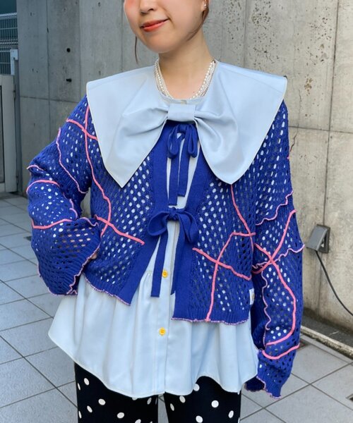 ストラ新品紙タグ付き⭐️洗える❗️シアーメッシュブルゾンバルーンブルゾンカーディガン HELLO.SANFRANCISCO】うねうねメッシュリボンカーディガン